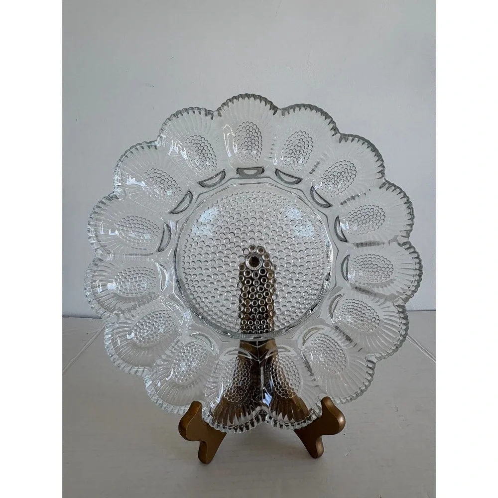 Vintage Clear Hobnail Glass Deviled Egg Platter Scalloped Serving Tray 11 Inch